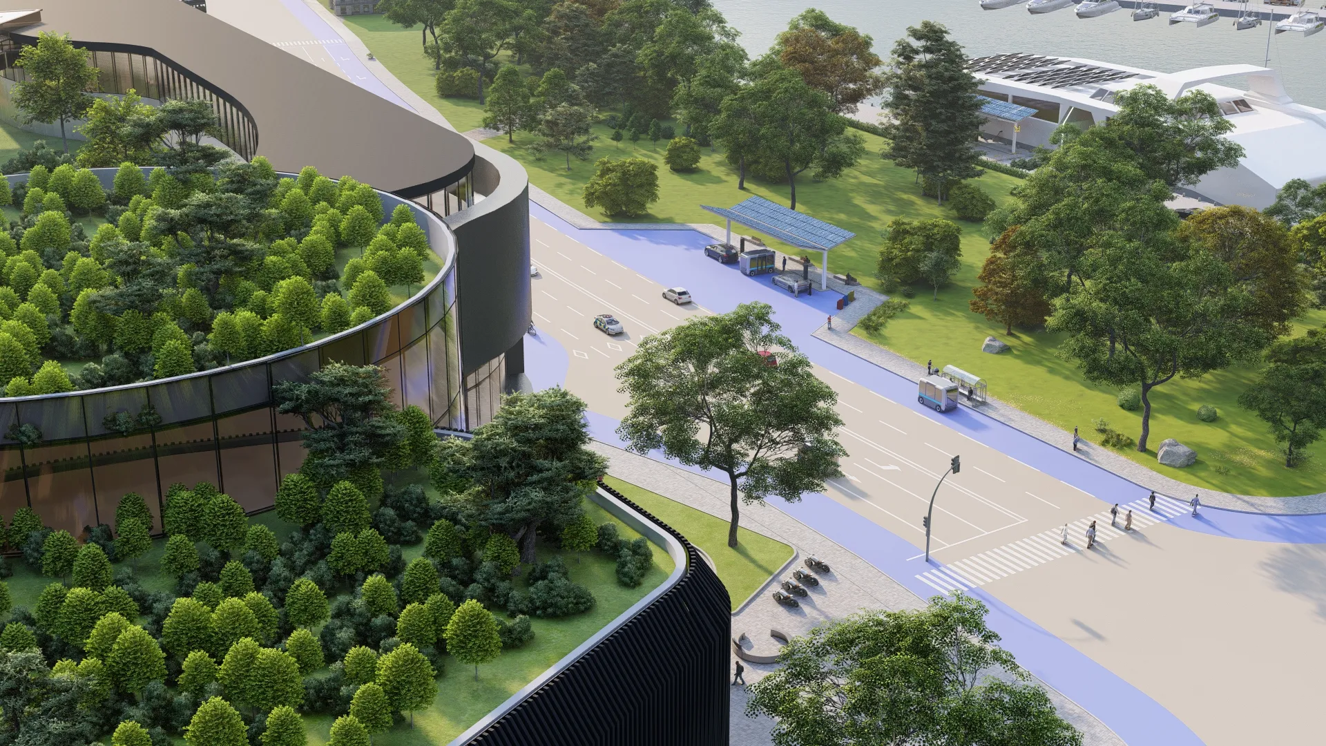 3D render overview looking down at streets with EV cars driving.