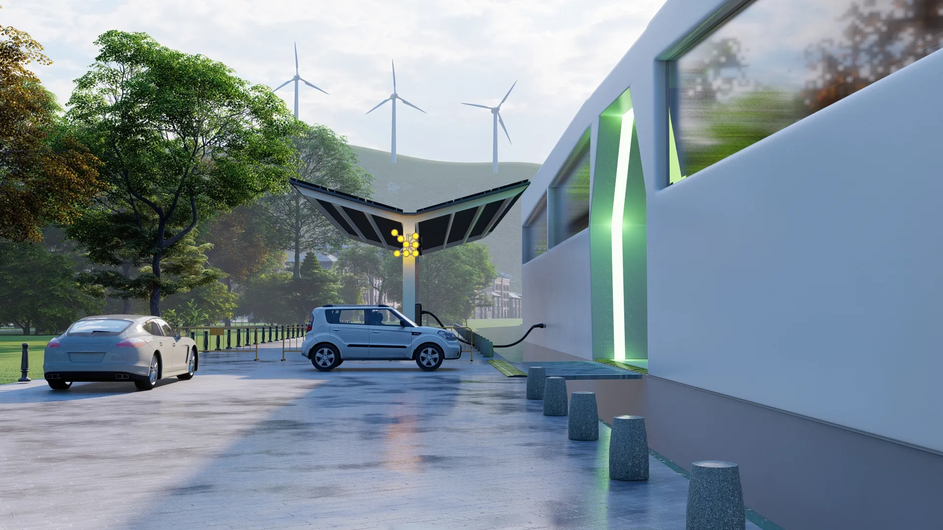3D render of EV cars entering car docking station.