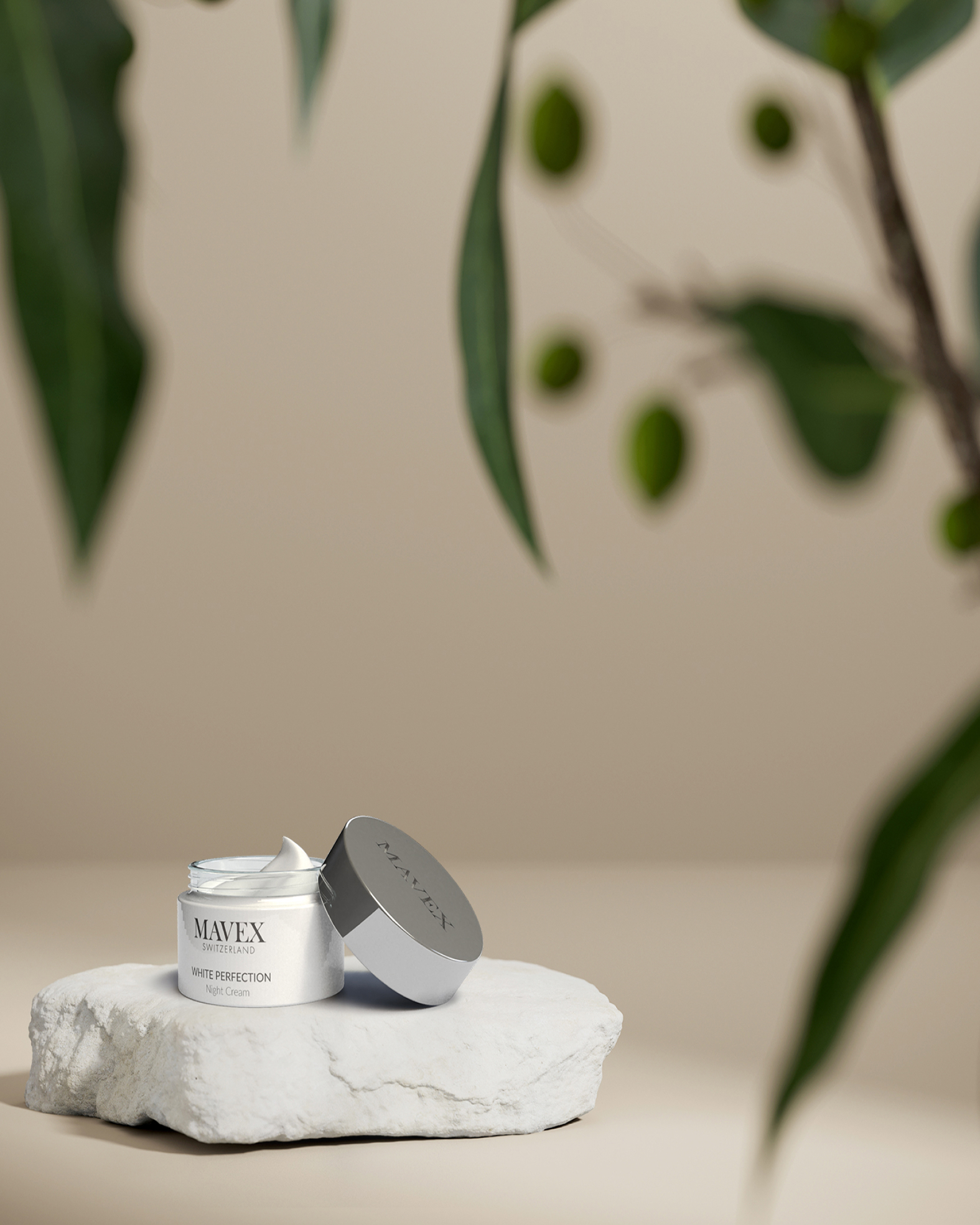 Mavex cosmetics stand on a rock in a product shot