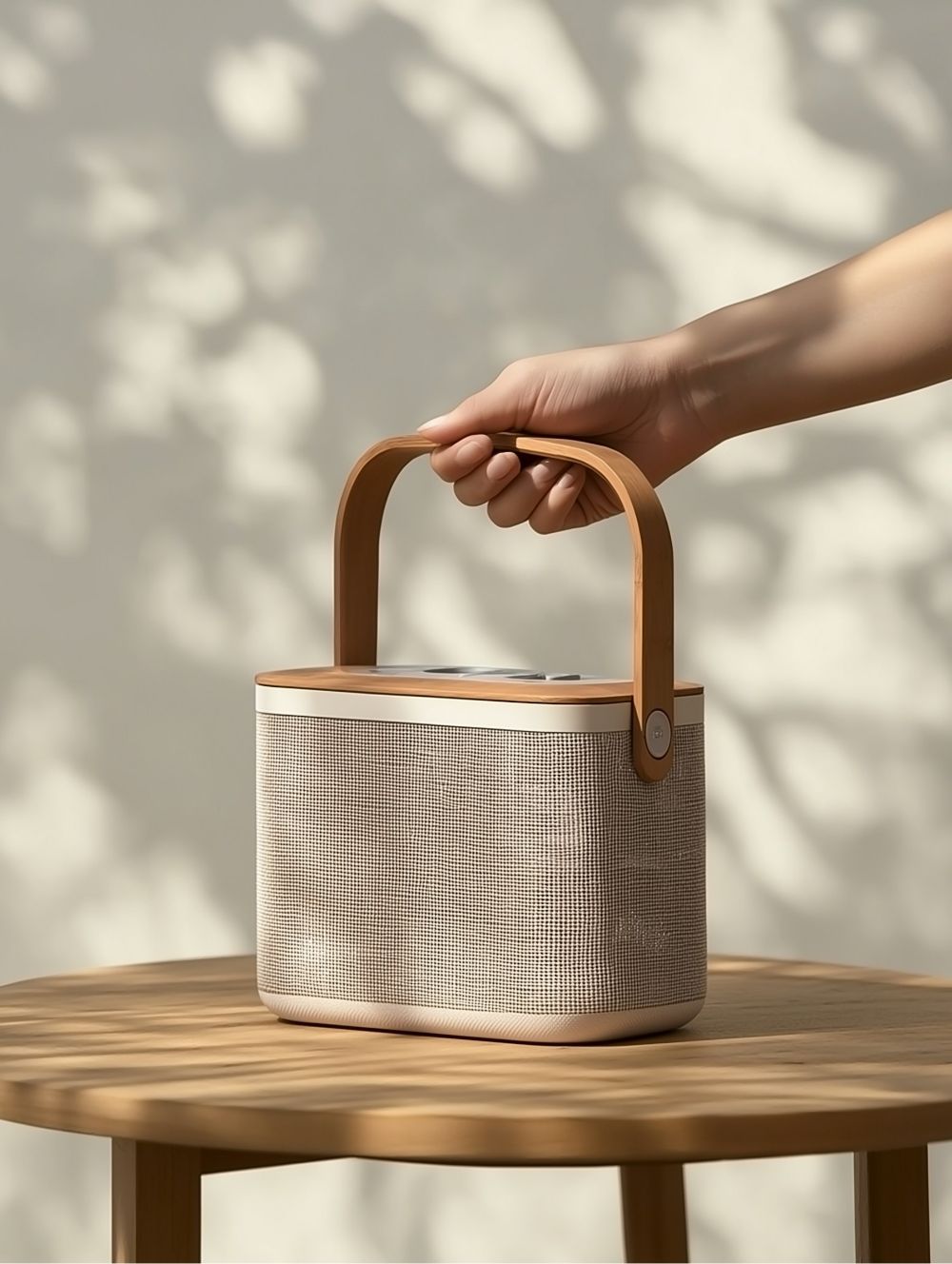 Someone holding a speaker in a minimalist environment